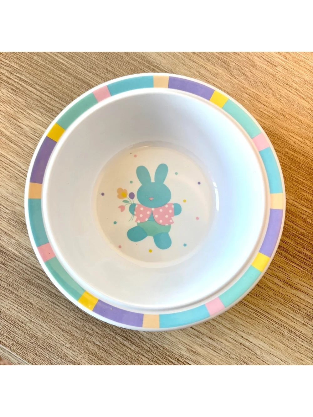 Vintage Hallmark Melamine Children’s Dish Set Bunny Pastel Divided Plate & Bowl